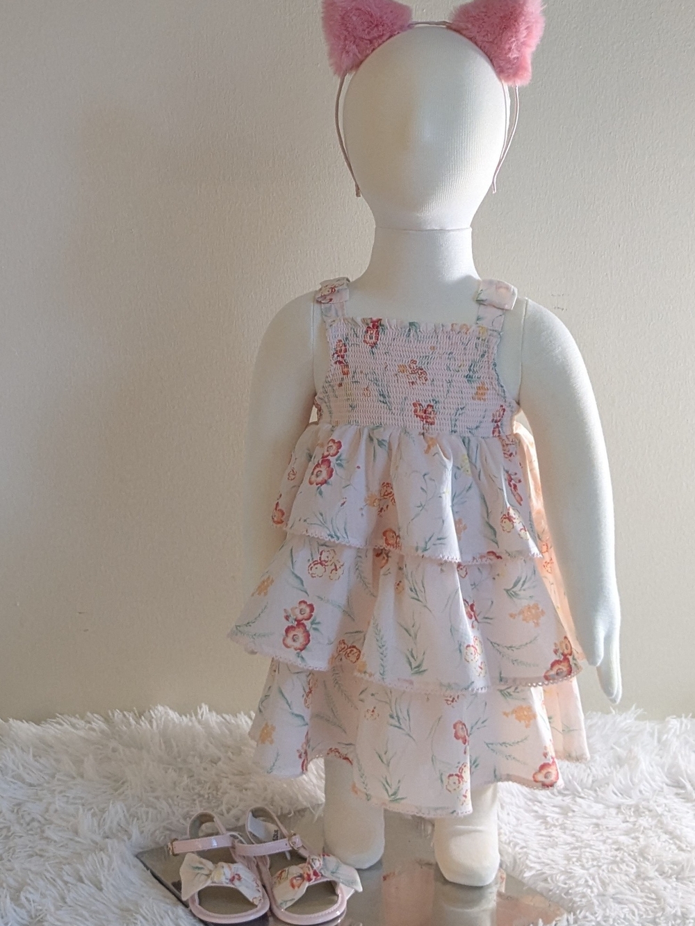 🌺 Janie and Jack Pink Floral Ruffle Tiered Dress With Matching Sandals NWT 🌺